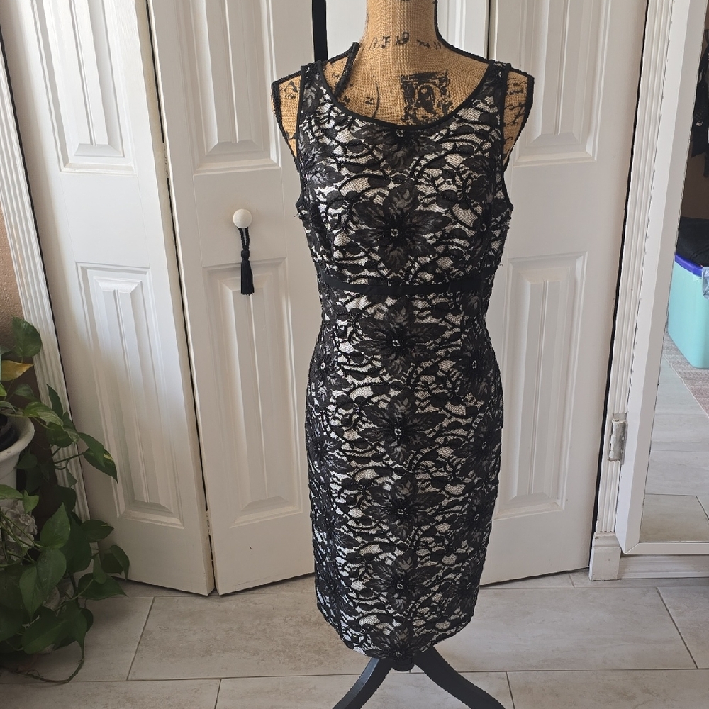 Carmen Marc Valvo Black Sheath Beaded  Midi  with Scoop Neck for Cocktail Events